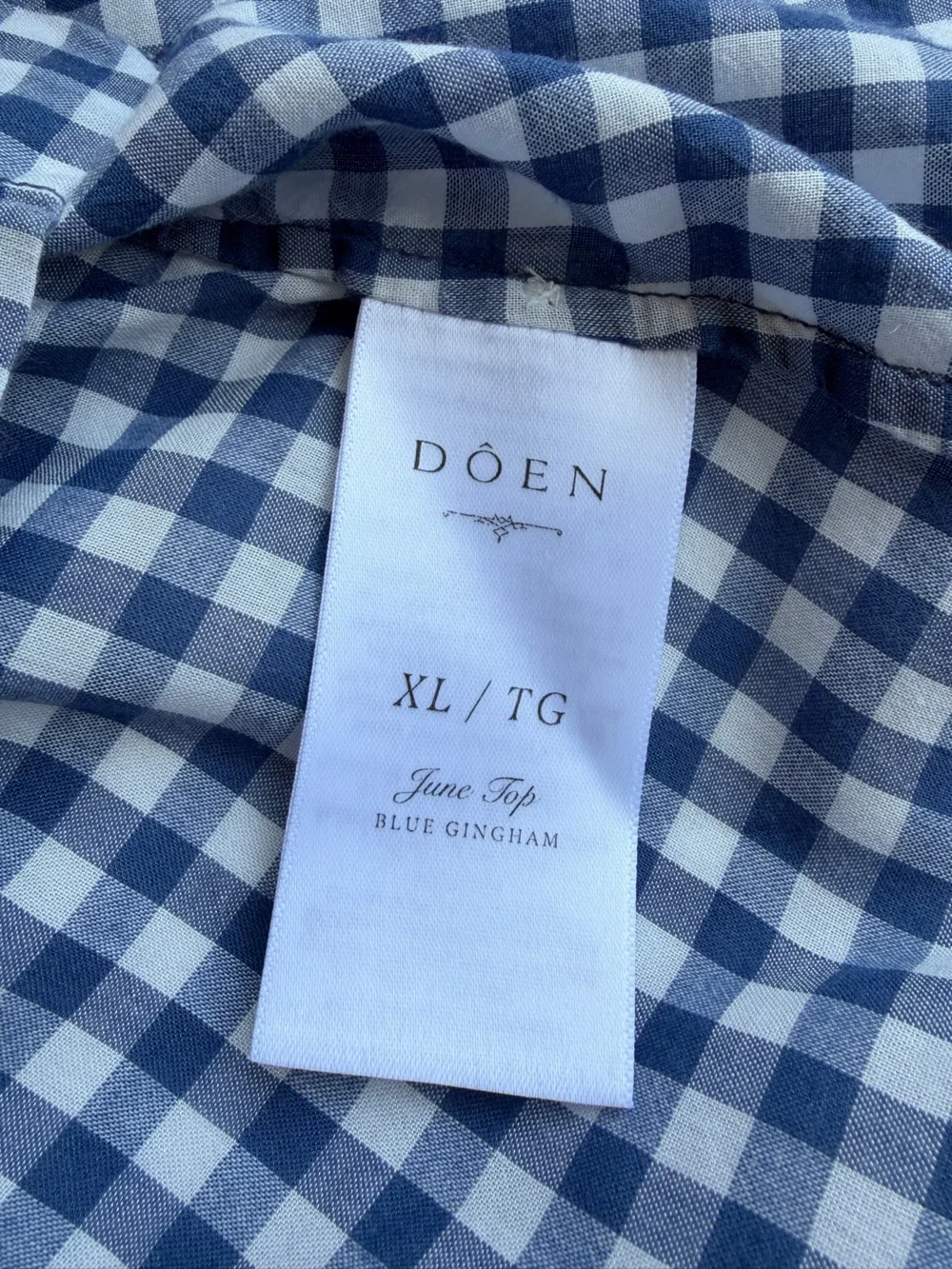 Doen June Cotton Button Short Puff Sleeve Blouse Top Blue Gingham White